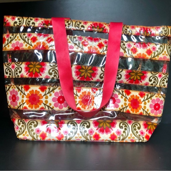 Vera Bradley FOLKLORIC Plastic Tote Bag Pink Red Clear Striped Beach Bag - Picture 1 of 13